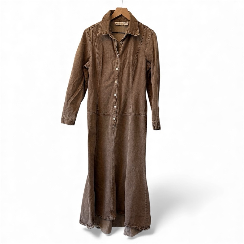 Vintage Jeanology Brown Denim Trench-Style Maxi Dress (Size 14)
